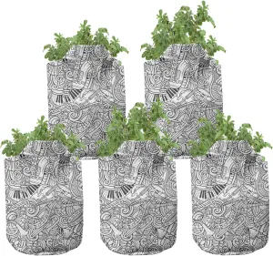 Ambesonne Music Grow Bags 5-Pack, Chaotic Doodle Musical, Heavyduty Fabric Pots with Handles for Plants, Charcoal Grey White
