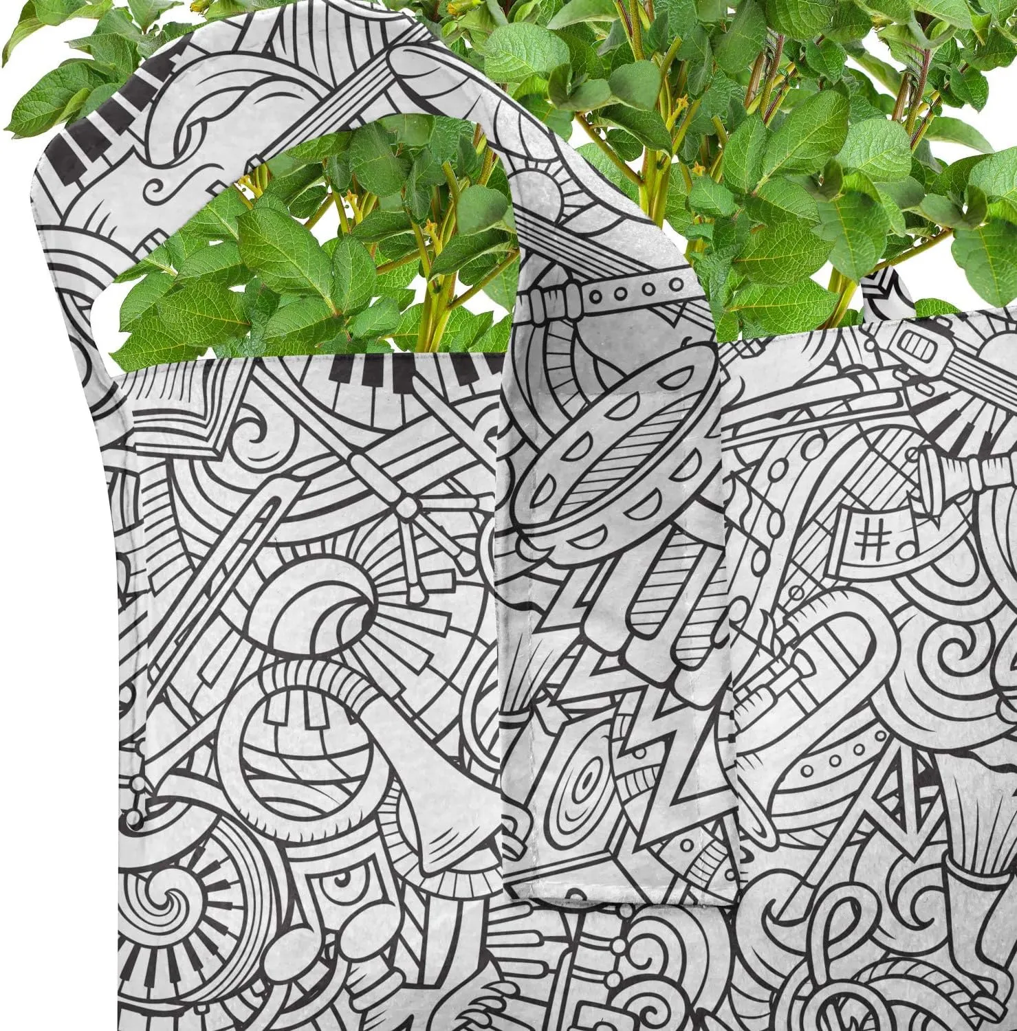 Ambesonne Music Grow Bags 5-Pack, Chaotic Doodle Musical, Heavyduty Fabric Pots with Handles for Plants, Charcoal Grey White