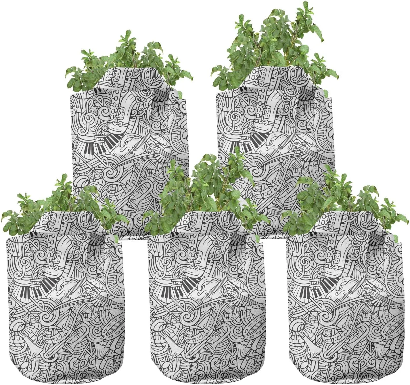 Ambesonne Music Grow Bags 5-Pack, Chaotic Doodle Musical, Heavyduty Fabric Pots with Handles for Plants, Charcoal Grey White