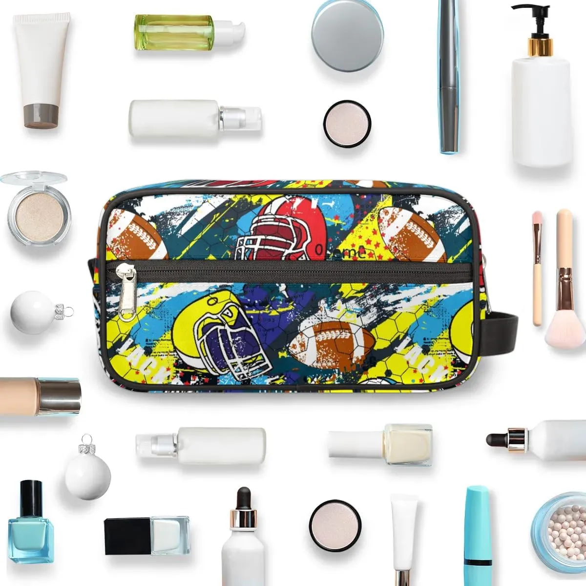 American Football Helmet Toiletry Bag for Boys Men, Travel Toiletry Bag for Woman Cosmetic Makeup Bag, Bright American Football Waterproof Shaving Bag for Toiletries Accessories Travel Essentials