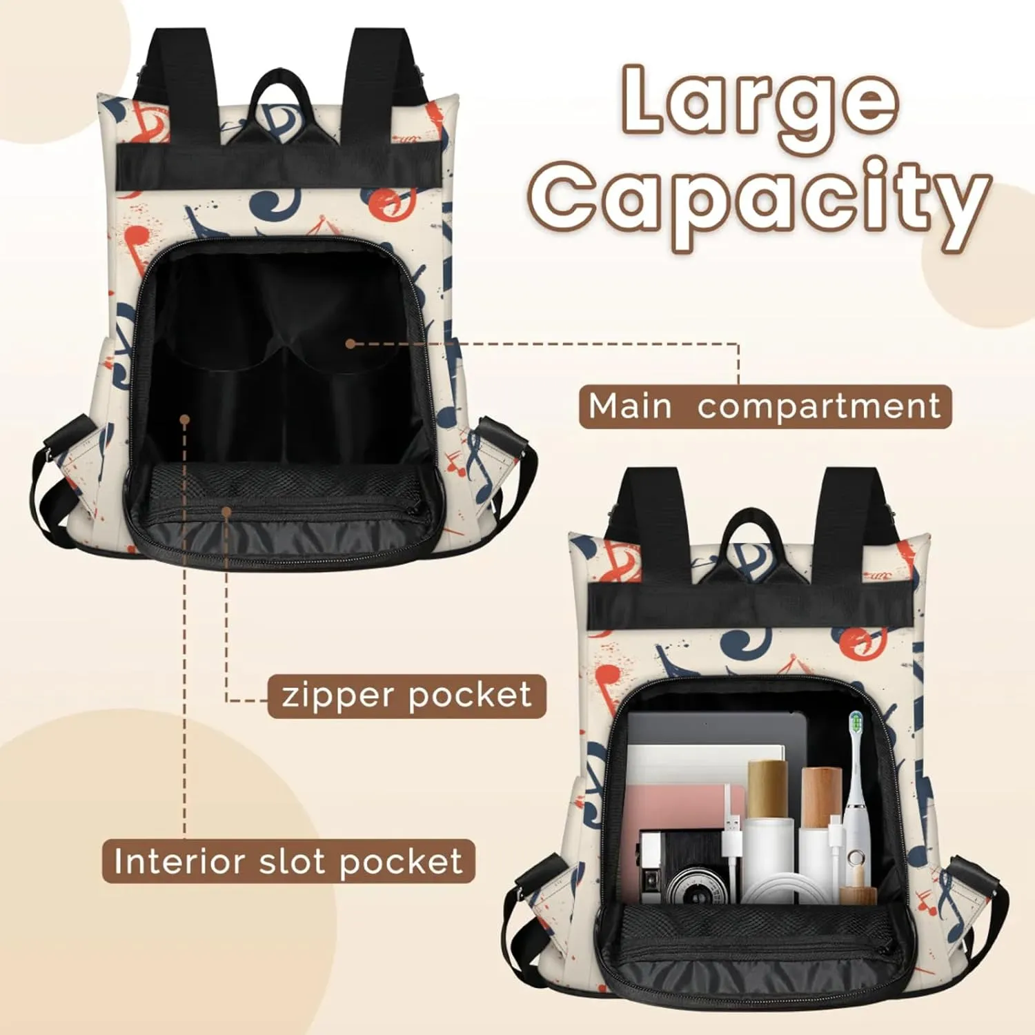 Anti-Theft Backpack for Women Musical Notes Rhythm Lightweight Mini Backpack Purse Small Travel Backpack with Secure Zipper Fashion Backpack Purses for Women Daily Use & Gifts