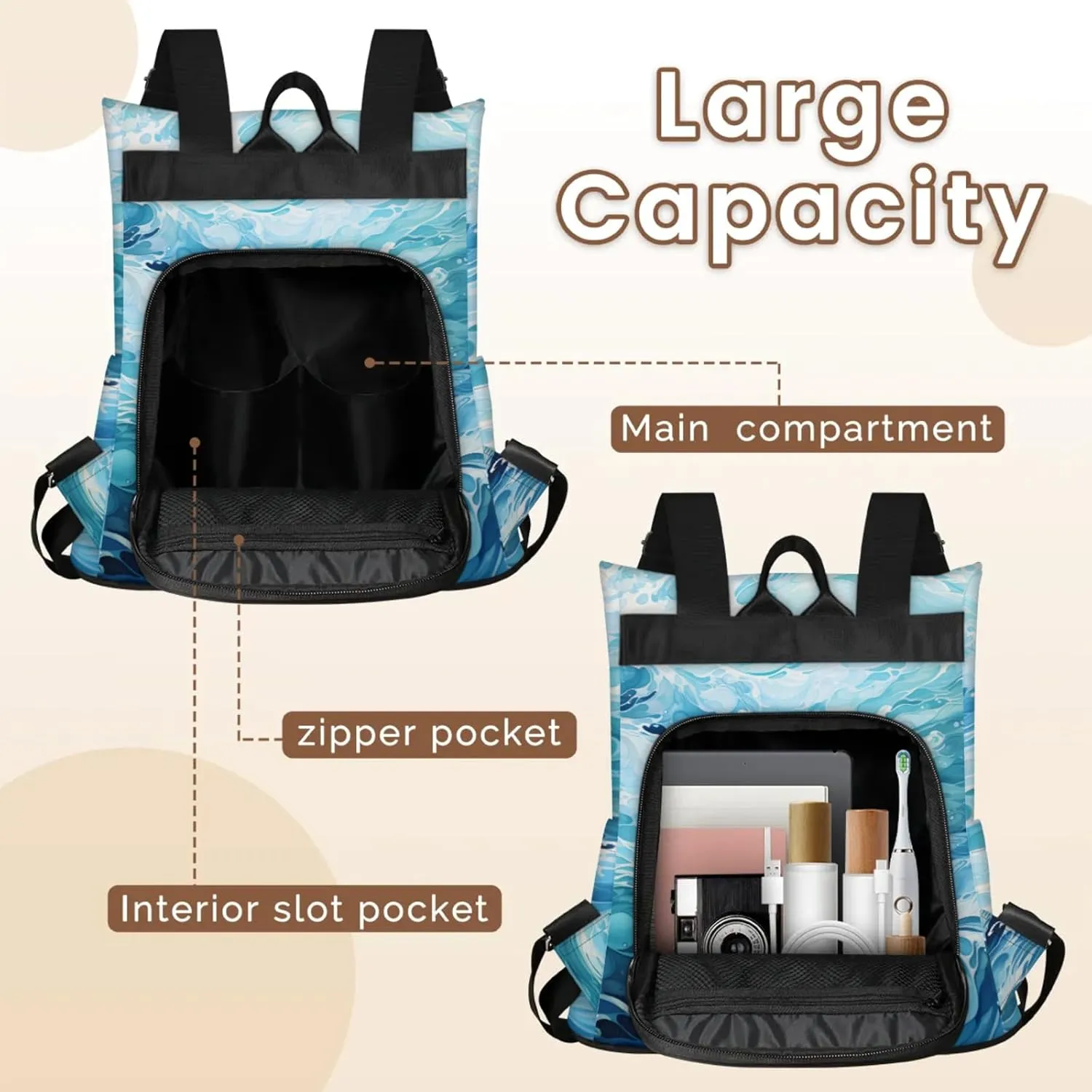 Anti-Theft Backpack for Women Turbulent Waves Lightweight Mini Backpack Purse Small Travel Backpack with Secure Zipper Fashion Backpack Purses for Women Daily Use & Gifts
