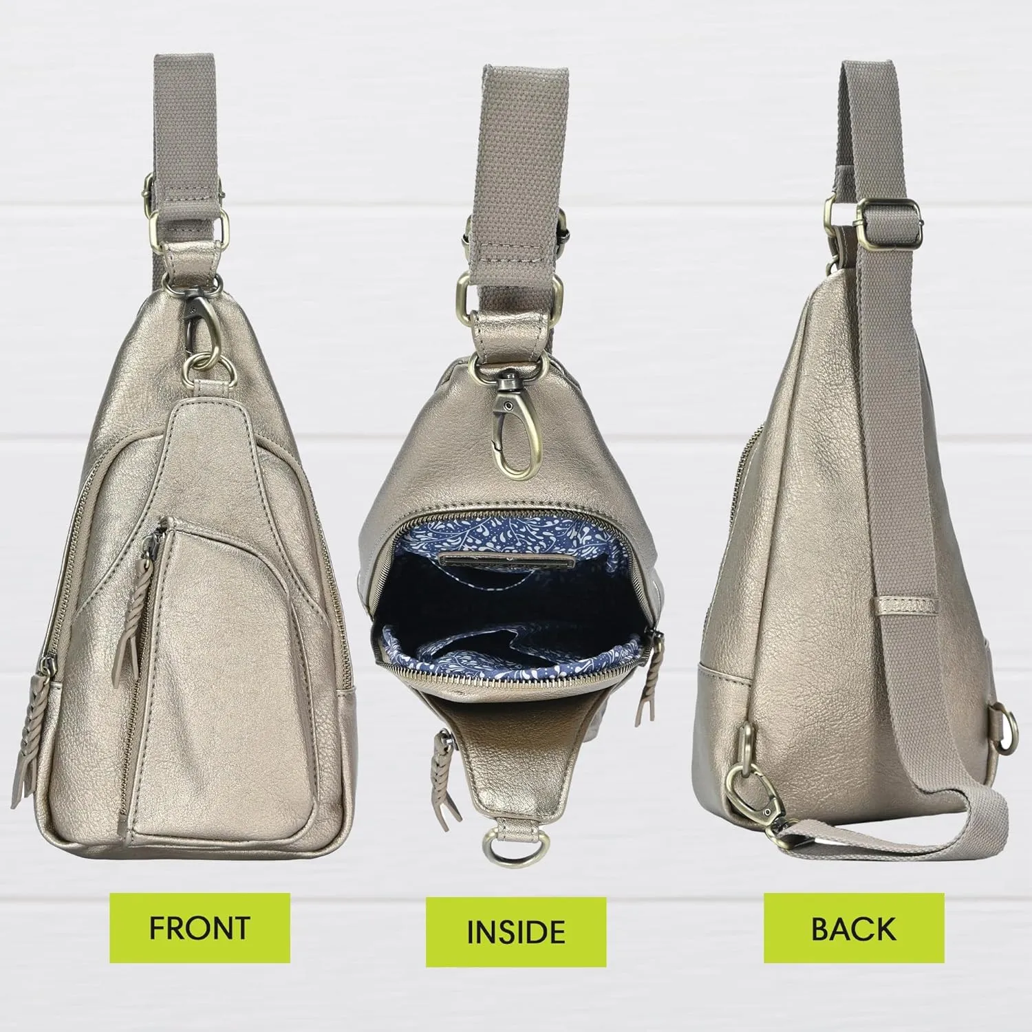 Antik Kraft Tasha Crossbody Sling (Metallic) | Vegan Leather Crossbody Bag for Women with 16-20" Strap | Sling Bags for Women with Durable Antique Brass Hardware | 7in x 2.5in x 12.5in |
