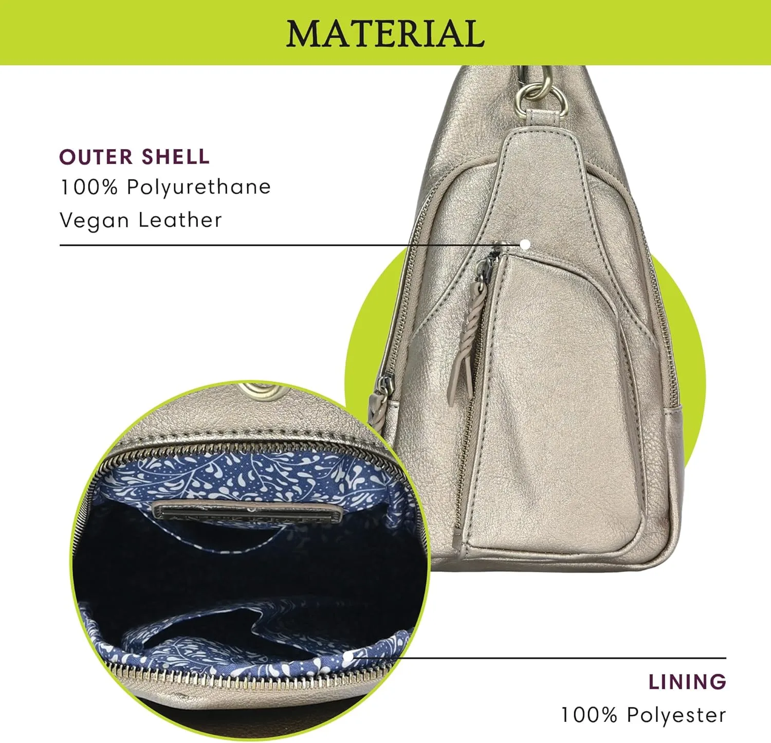 Antik Kraft Tasha Crossbody Sling (Metallic) | Vegan Leather Crossbody Bag for Women with 16-20" Strap | Sling Bags for Women with Durable Antique Brass Hardware | 7in x 2.5in x 12.5in |