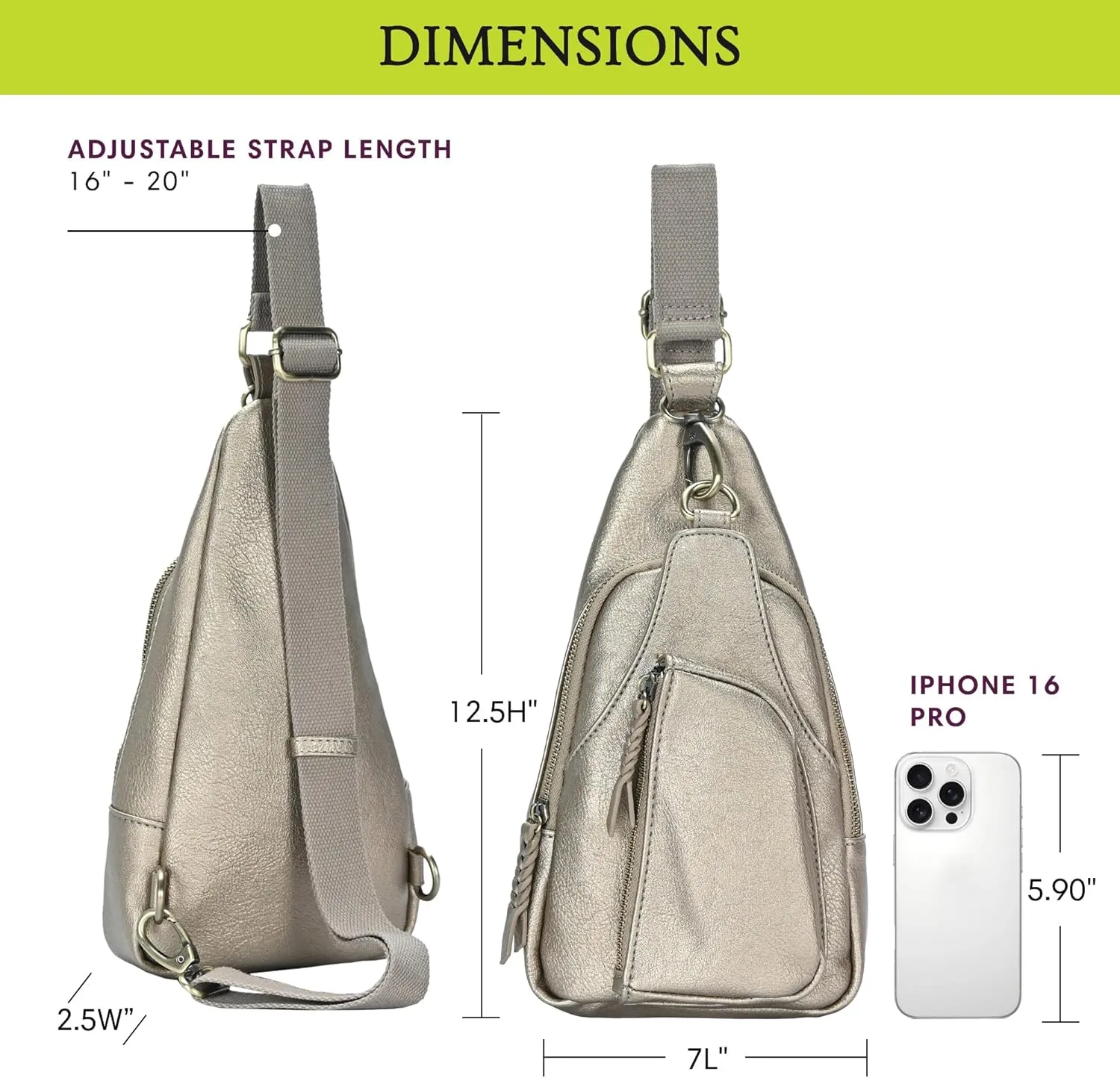 Antik Kraft Tasha Crossbody Sling (Metallic) | Vegan Leather Crossbody Bag for Women with 16-20" Strap | Sling Bags for Women with Durable Antique Brass Hardware | 7in x 2.5in x 12.5in |