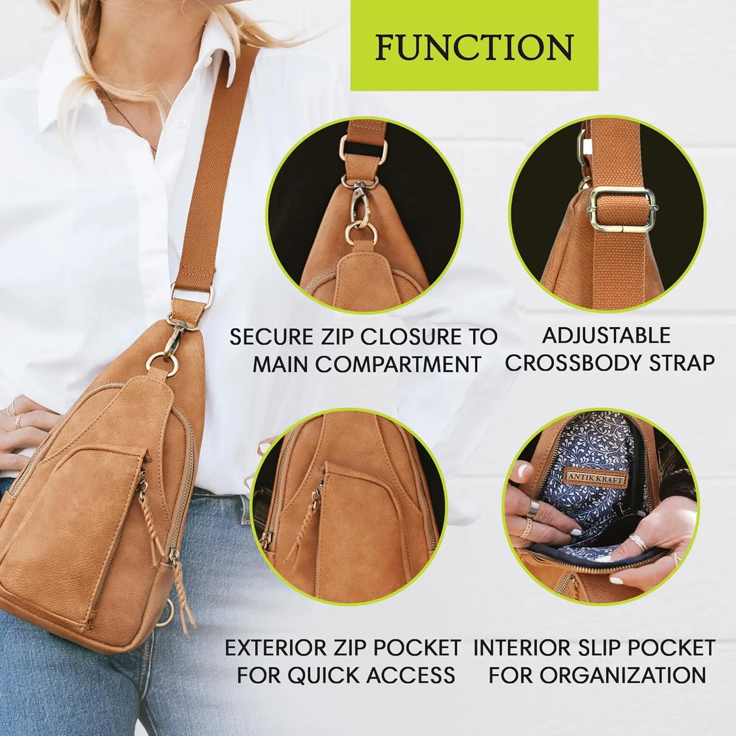 Antik Kraft Tasha Crossbody Sling (Taupe) | Vegan Leather Crossbody Bag for Women with 16-20" Strap | Sling Bags for Women with Durable Antique Brass Hardware | 7in x 2.5in x 12.5in |