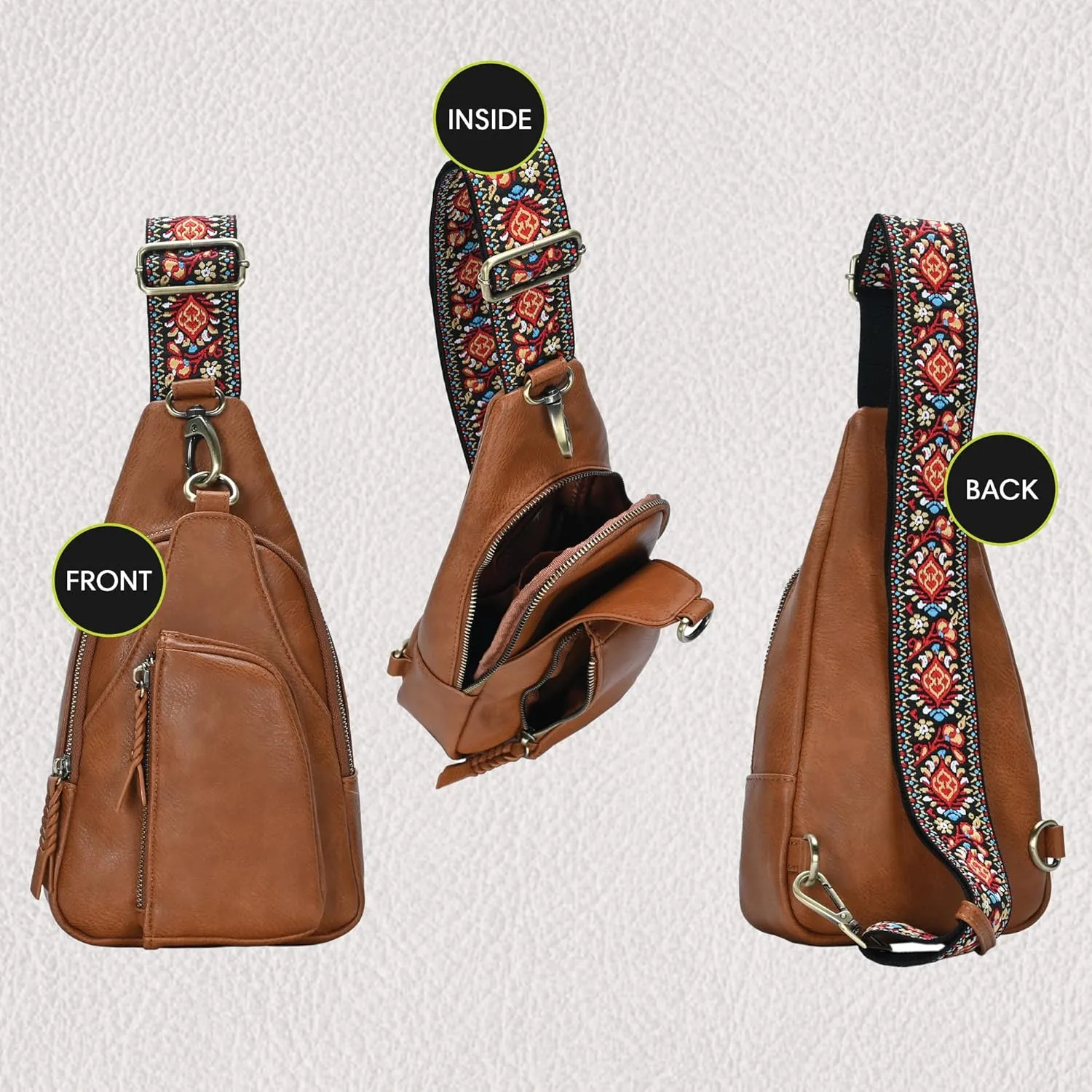 Antik Kraft Tasha Webbing Strap Sling (Tan) | Vegan Leather Crossbody Bag for Women with 16-20" Strap | Sling Bags for Women with Durable Antique Brass Hardware | 7in x 2.5in x 12.5in |