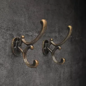Antique Brass Coat Hooks Wall Mounted Iron Hooks Vintage Iron Double Hooks for Hanging Coats Towels Hats Bags Cups - Set of 2