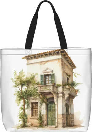 Antique Building with Roman Olive Branch and Greek print Casual tote bag Convenient tote bag with zipper grocery bag outdoor daily travel