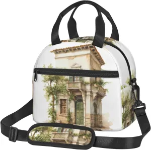 Antique Building With Roman Olive Branch And Greek Print Insulated Lunch Bag Large Capacity Lightweight Handheld Bags Back Zipper Pockets