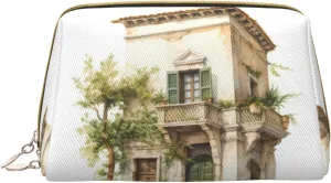 Antique Building with Roman Olive Branch and Greek Print Leather zipper makeup bag Cosmetic Pouch Travel Organizer Toiletry Clutch