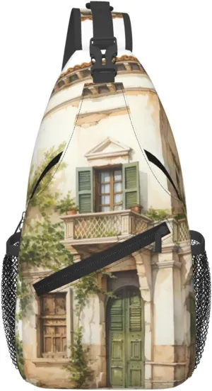 Antique Building With Roman Olive Branch And Greek Print Sling Bag For Women Men Fashion One Shoulder Crossbody Bag Travel Fanny Pack Cross Body Bags