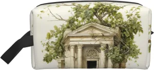 Antique Building with Roman Olive Branch and Greek Print Travel Toiletry Bag Zippered Storage Bags with Handles Portable Cosmetic Organizer