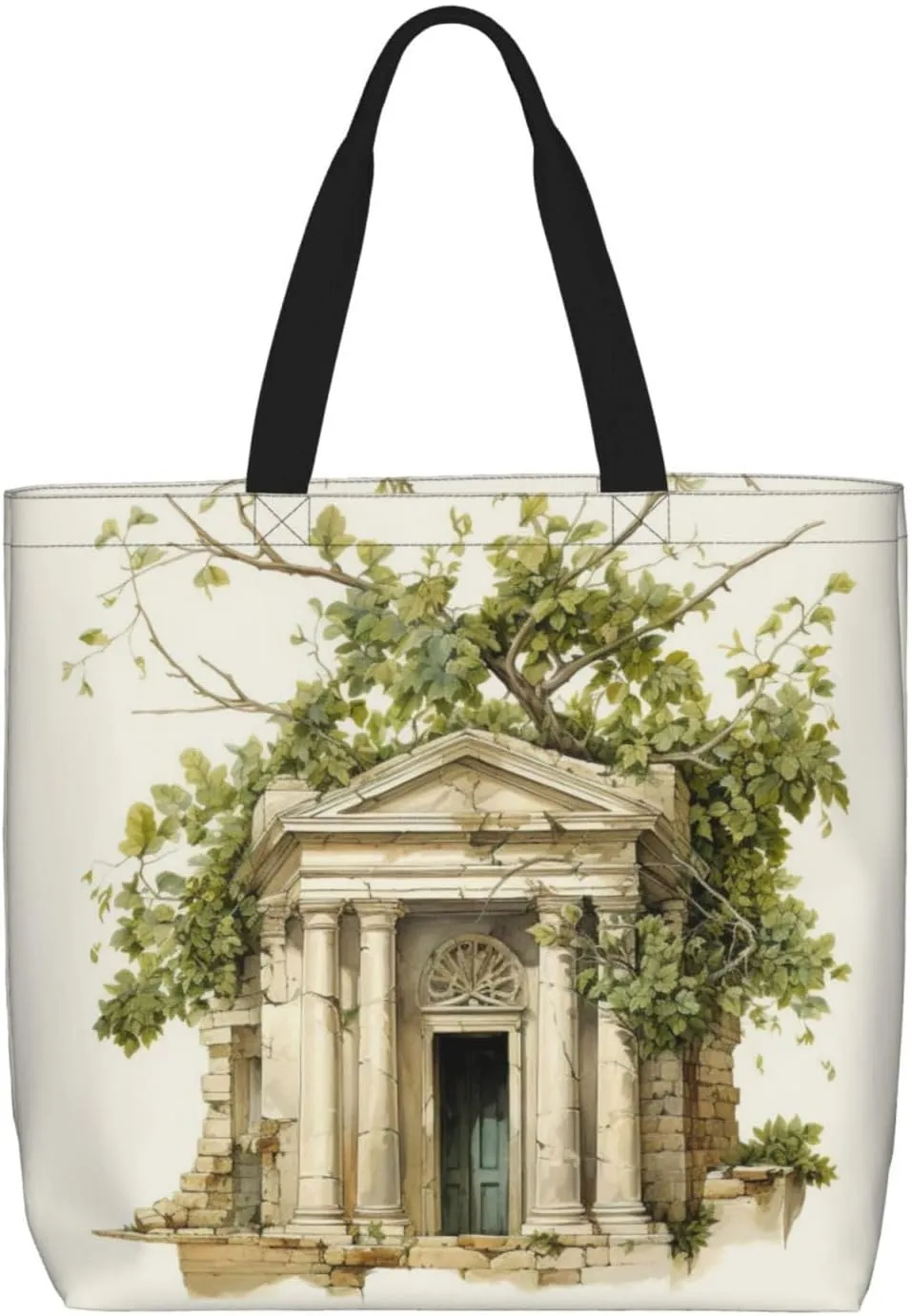 Antique Building with Roman Olive Branch and Greek print Women Tote Bags with Inner Bag Handbags with Pattern for Shopping Office