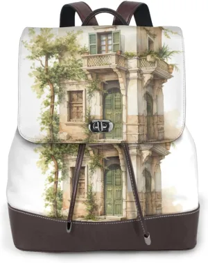 Antique Building with Roman Olive Branch and Greek Print Women's leather backpack,Ladies Travel Fashion Back Pack,Casual backpack for Work