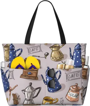 Antique Vintage Teapot Coffee Grinder Large Beach Tote Bag for Women Extra Large Capacity Waterproof Sandproof Pool Bag Suitable for Gym Swimming Pool Travel Groceries