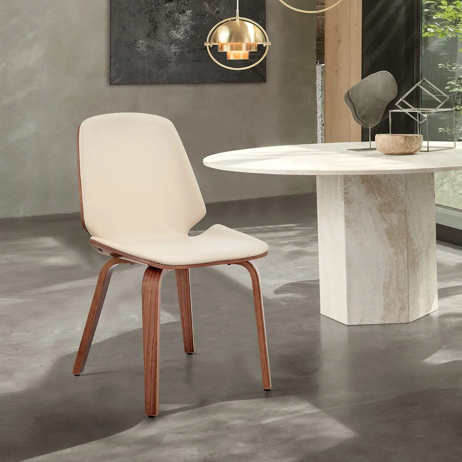 Armen Living Brinley Mid Century Modern Cream Faux Leather and Walnut Wood Dining Room Accent Side Chair for Kitchen Table Desk Vanity
