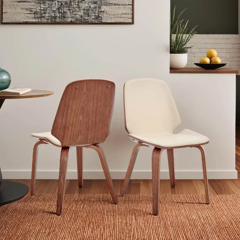 Armen Living Brinley Mid Century Modern Cream Faux Leather and Walnut Wood Dining Room Accent Side Chair for Kitchen Table Desk Vanity