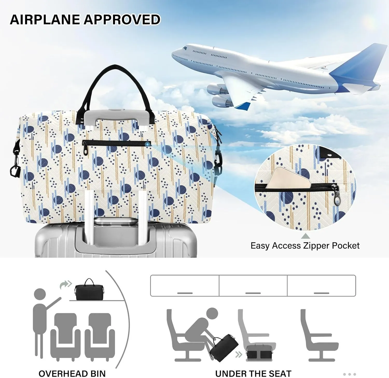 Aslsiy Travel Duffel Bags for Women Abstract Geometric Dots Sports Duffel Bags Lines Weekender Bags Gym Bag with Toiletry Bag Carry on Overnight Bag