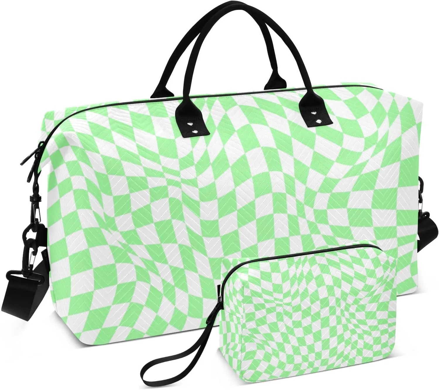 Aslsiy Travel Duffel Bags for Women Chequered Visual Illusion Sports Duffel Bags Green Plaid Weekender Bags Gym Bag with Toiletry Bag Carry on Overnight Bag