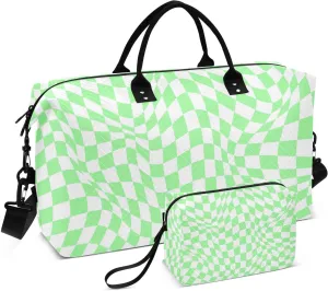 Aslsiy Travel Duffel Bags for Women Chequered Visual Illusion Sports Duffel Bags Green Plaid Weekender Bags Gym Bag with Toiletry Bag Carry on Overnight Bag