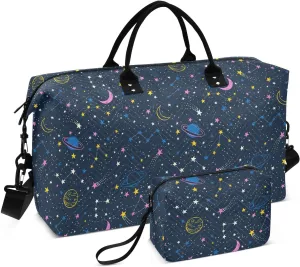 Aslsiy Travel Duffel Bags for Women Space Planets Doodle Sports Duffel Bag Stars Night Sky Astronomy Weekender Bags Gym Bag with Toiletry Bag Carry on Overnight Bag
