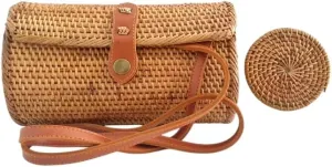 Authentic Handmade Rattan Bali Indonesia Women Beach Hobo Shoulder Bag Purse with Leather Strap and Bonus Rattan Round Drink Natural Coaster