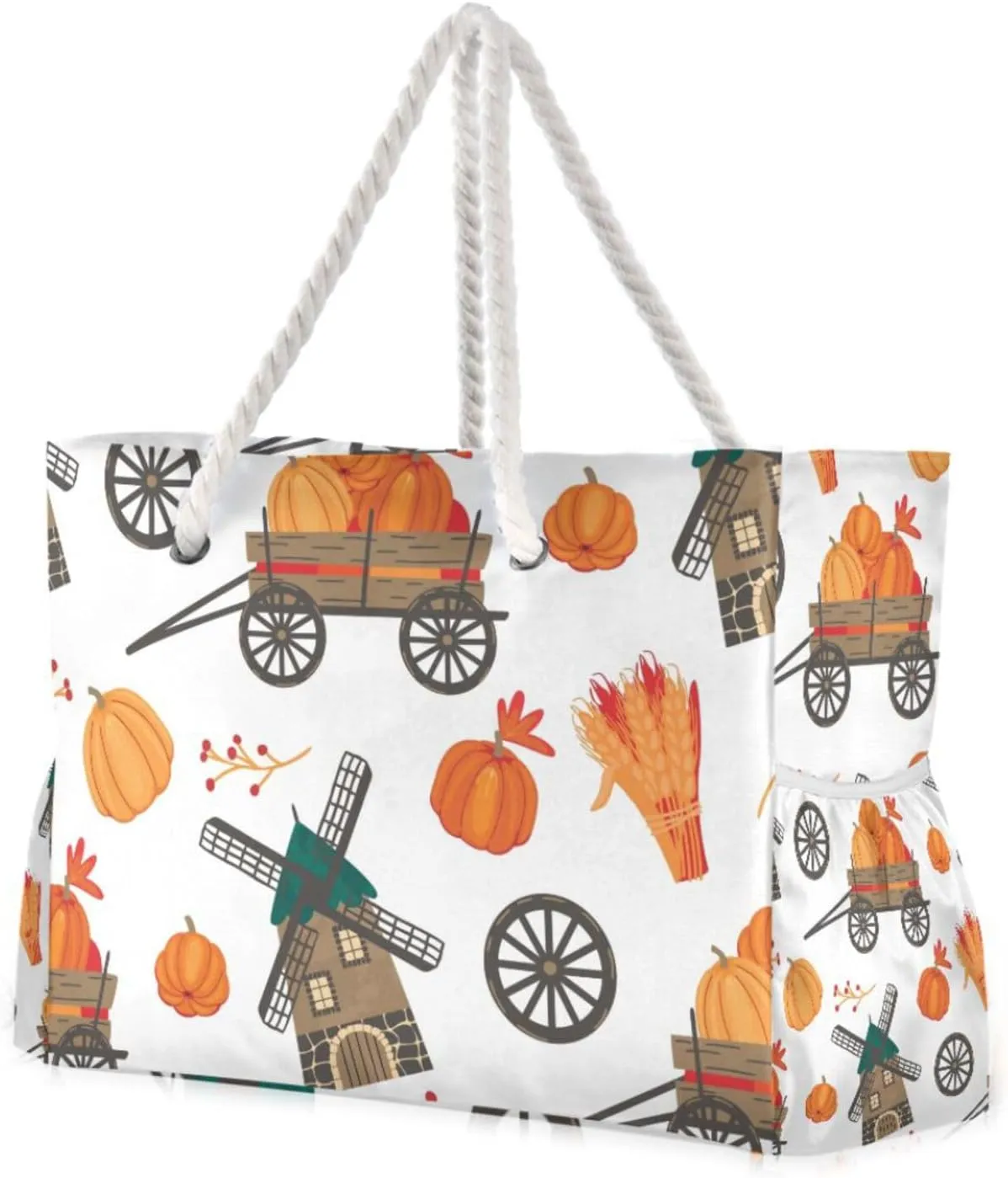 Autumn Pumpkin Cart and Mill Beach Bags for Women Ladies Large Canvas Tote Shoulder Bag Waterproof Travel Bags for Gym Swim Pool Camping