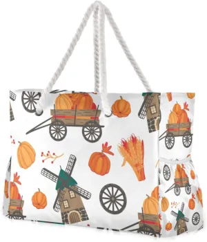 Autumn Pumpkin Cart and Mill Beach Bags for Women Ladies Large Canvas Tote Shoulder Bag Waterproof Travel Bags for Gym Swim Pool Camping