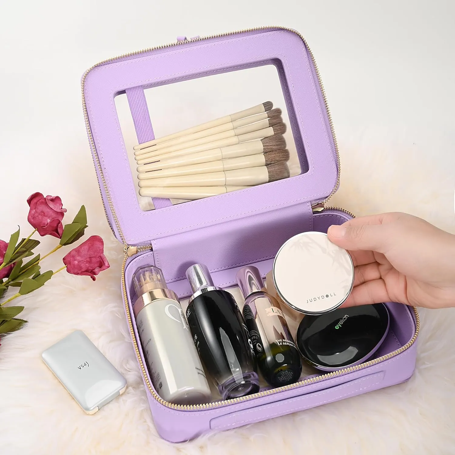 Aveniee Clear Makeup Bags, Double Layer Cosmetic Bags with a Separate Brush Compartment, Large Travel Toiletry Bag Train Case for Women, Travel Accessories Organizer(2 Layers Large, Lilac)