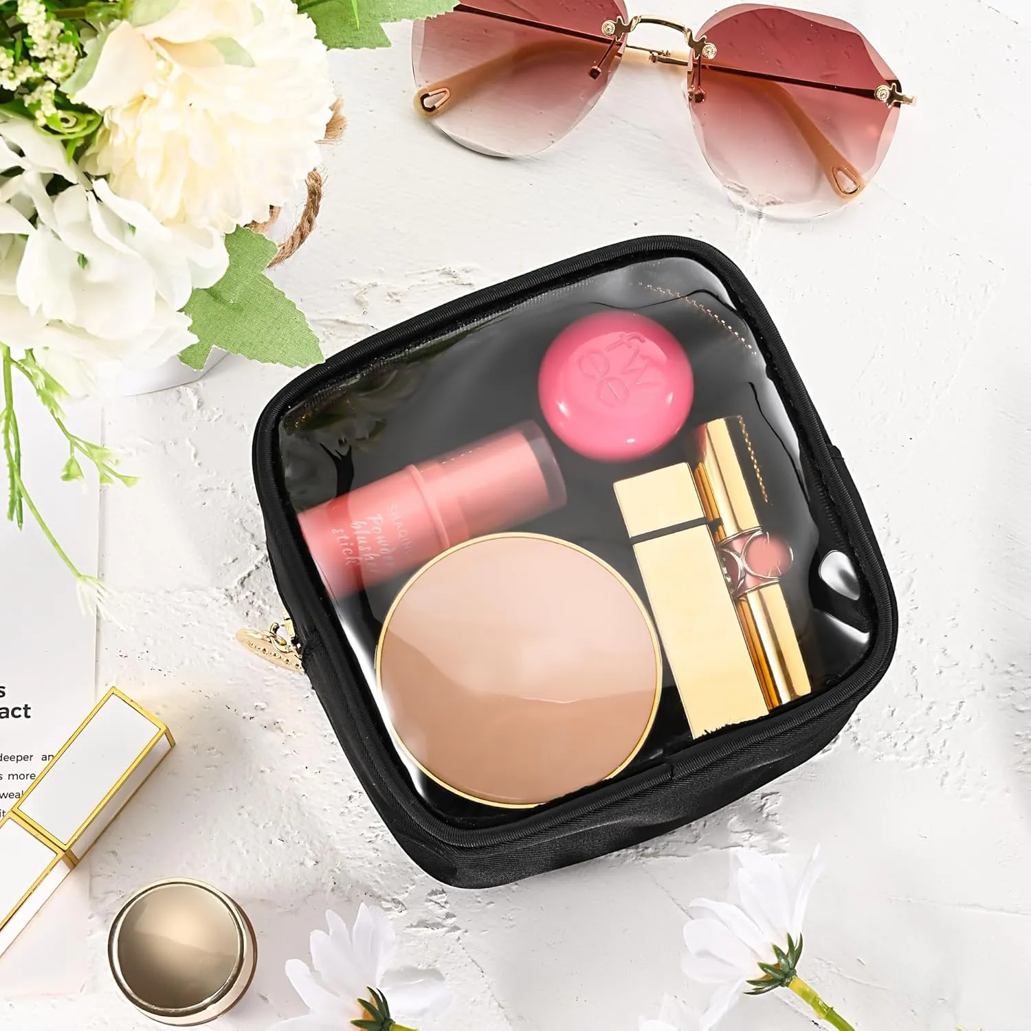 Aveniee Small Clear Makeup Bag, Mini Makeup Bag for Purse Organizer, Cosmetic Bag Travel Zipper Pouch for Women, Cute Car Accessories for Skincare Lipstick Essentials-Black