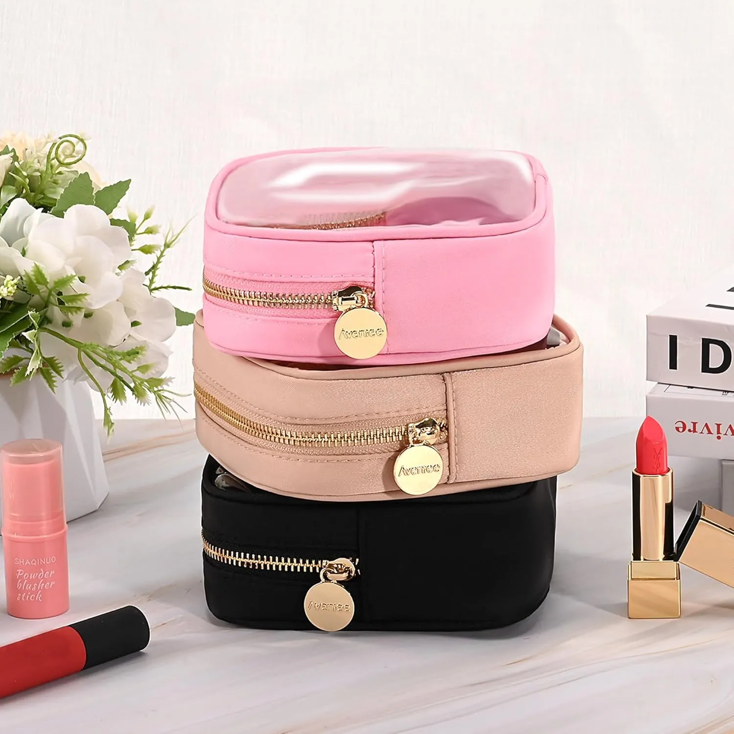 Aveniee Small Clear Makeup Bag, Mini Makeup Bag for Purse Organizer, Cosmetic Bag Travel Zipper Pouch for Women, Cute Car Accessories for Skincare Lipstick Essentials-Black