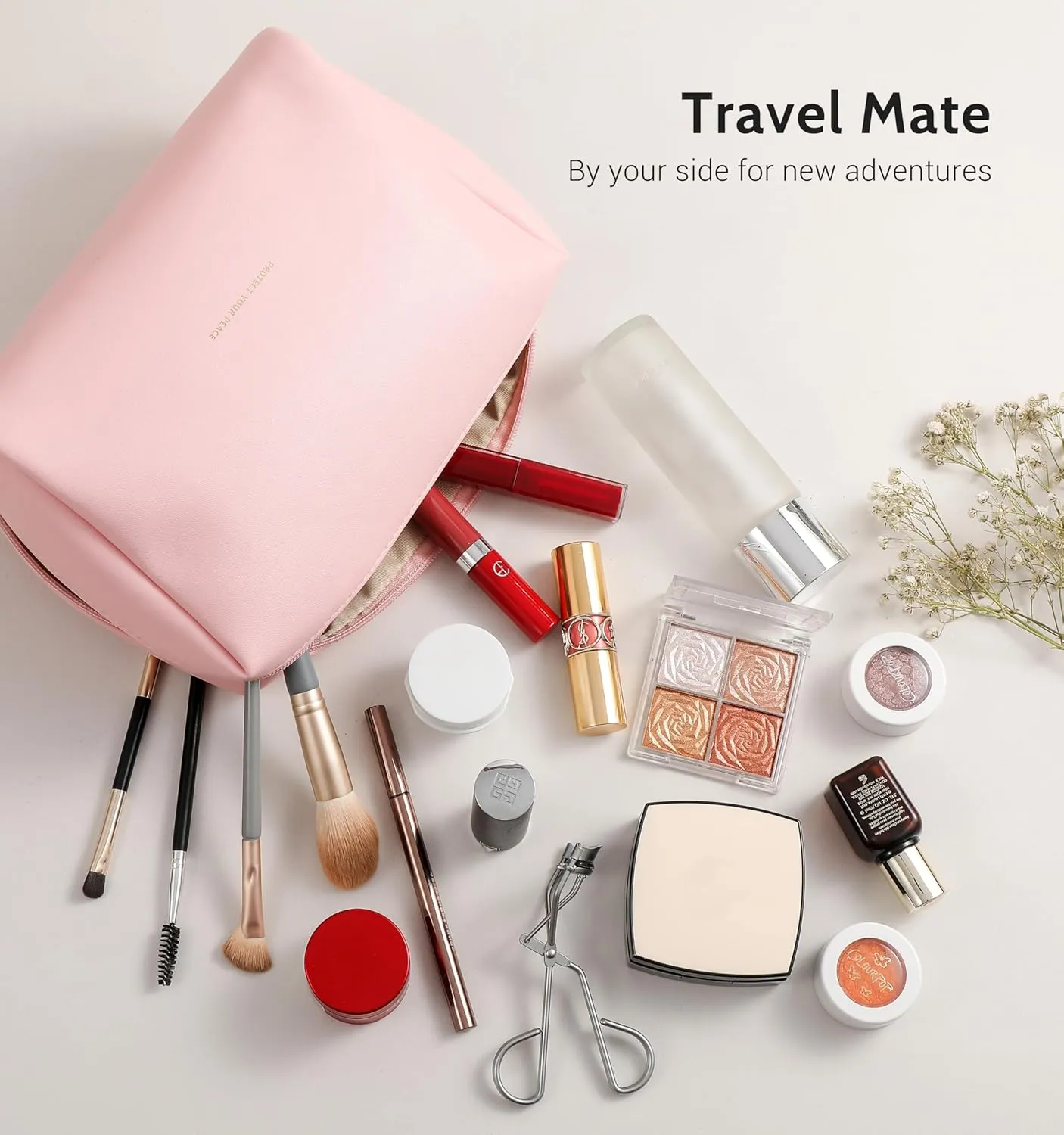 Aveniee Travel Makeup Bag, Large Toiletry Bag for Women, Vegan Leather Travel Pouches Case, Make Up Bag for Travel Essentials Brushes, Cosmetic Bag Purse Organizer with Divider and Gold Zippers(Pink)