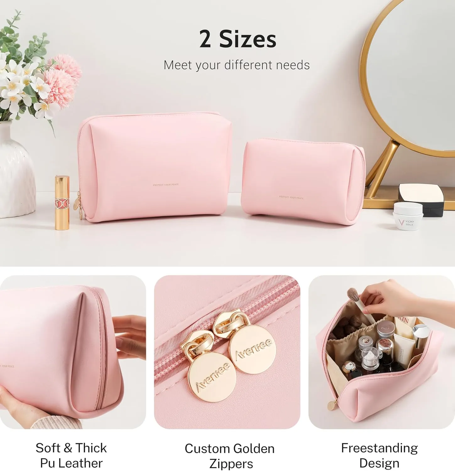 Aveniee Travel Makeup Bag, Large Toiletry Bag for Women, Vegan Leather Travel Pouches Case, Make Up Bag for Travel Essentials Brushes, Cosmetic Bag Purse Organizer with Divider and Gold Zippers(Pink)