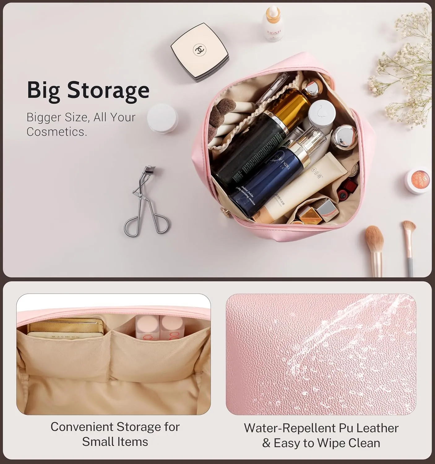 Aveniee Travel Makeup Bag, Large Toiletry Bag for Women, Vegan Leather Travel Pouches Case, Make Up Bag for Travel Essentials Brushes, Cosmetic Bag Purse Organizer with Divider and Gold Zippers(Pink)