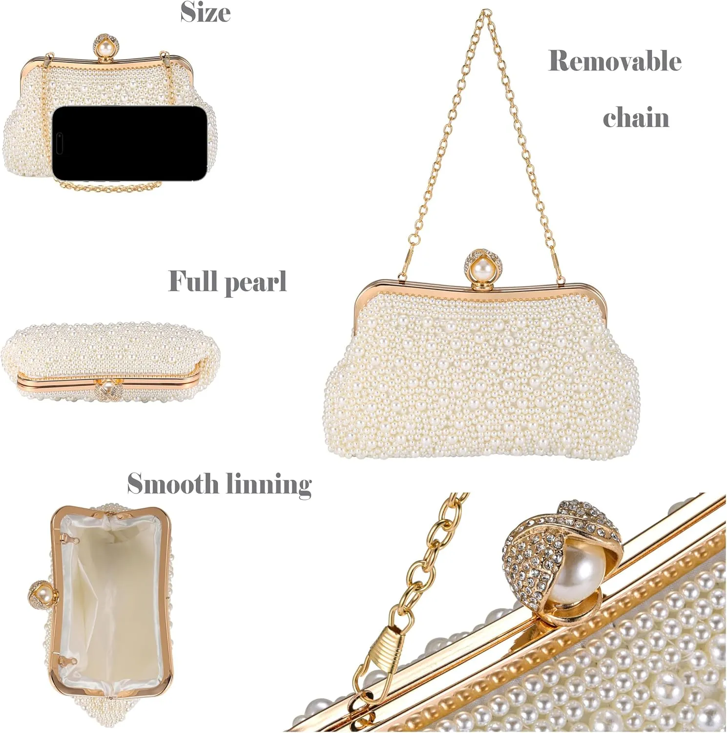 Ayliss Pearl Clutch Purses for Women Wedding Bridal Evening Small Clutch Crossbody Handbag Full Beaded Parites Prom