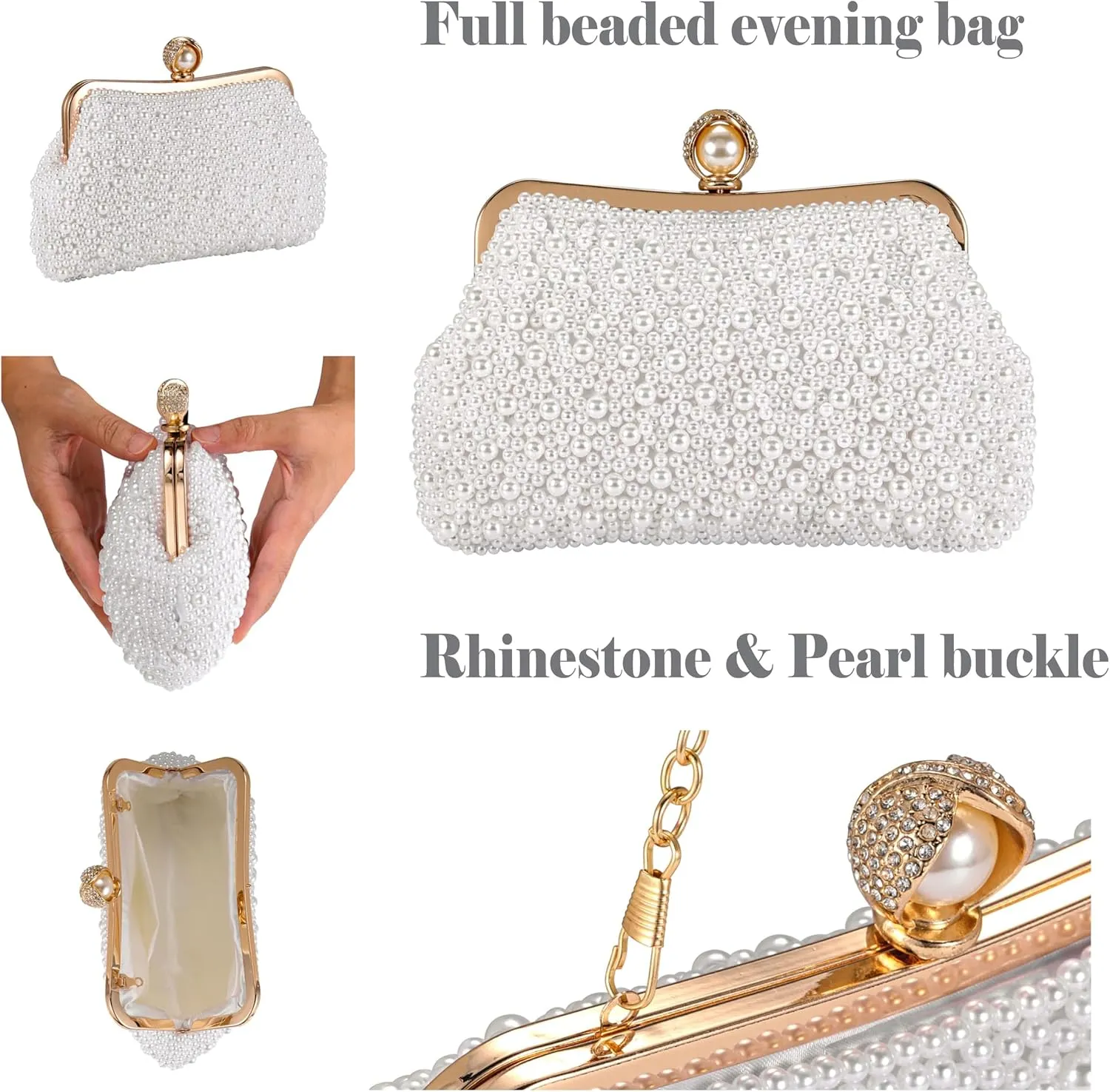Ayliss Pearl Clutch Purses for Women Wedding Bridal Evening Small Clutch Crossbody Handbag Full Beaded Parites Prom