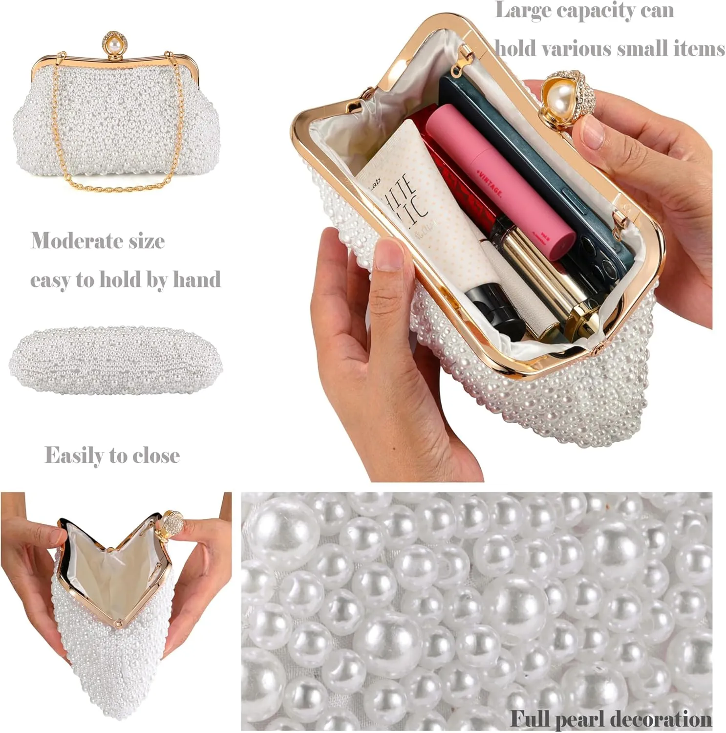 Ayliss Pearl Clutch Purses for Women Wedding Bridal Evening Small Clutch Crossbody Handbag Full Beaded Parites Prom