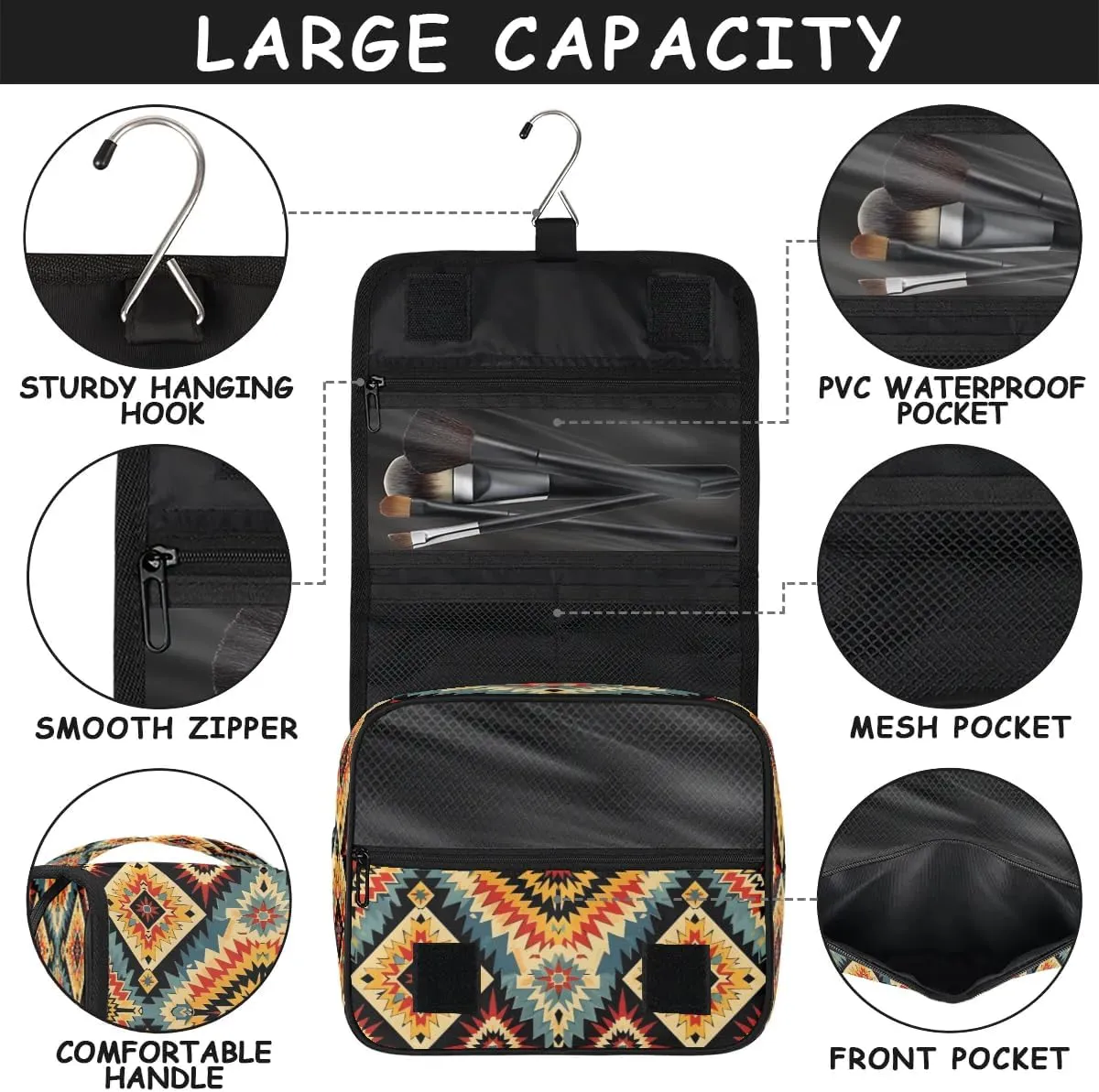 Aztec Western Hanging Toiletry Bag for Women Travel Makeup Bag Cosmetic Organizer Travel Toiletries Bag for Men