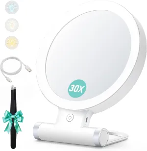 B Beauty Planet Magnifying Mirror with Light 30X/1X,Double Sided Tabletop Mirror with Adjustable Folding Handle,Cosmetic Mirror for Makeup/Travel, Tweezing, and Blackhead/Blemish Removal