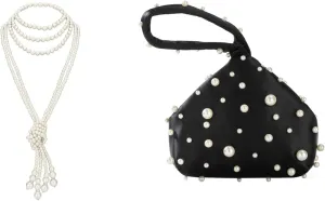 BABEYOND Long Pearl Necklace Faux Pearls Necklace Beaded Long Pearls Necklace 1920s Gatsby Costume Jewelry Clutch Purses for Women Satin Evening Bag Triangle Purse Pearl Handbag