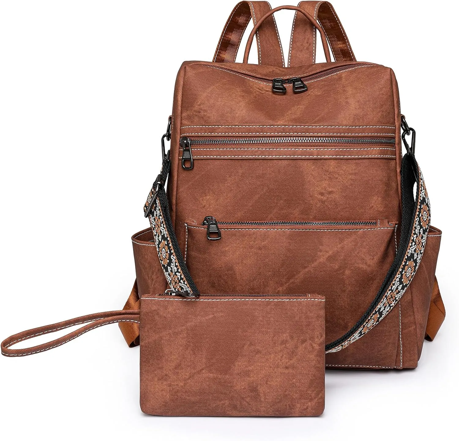 Backpack Purse for Women, PU Leather Backpack Purse, Waterproof Anti-Theft Women Back pack, Fashion Multi-Pocket Travel Backpack Shoulder Bag Handbag With Clutch, Brown