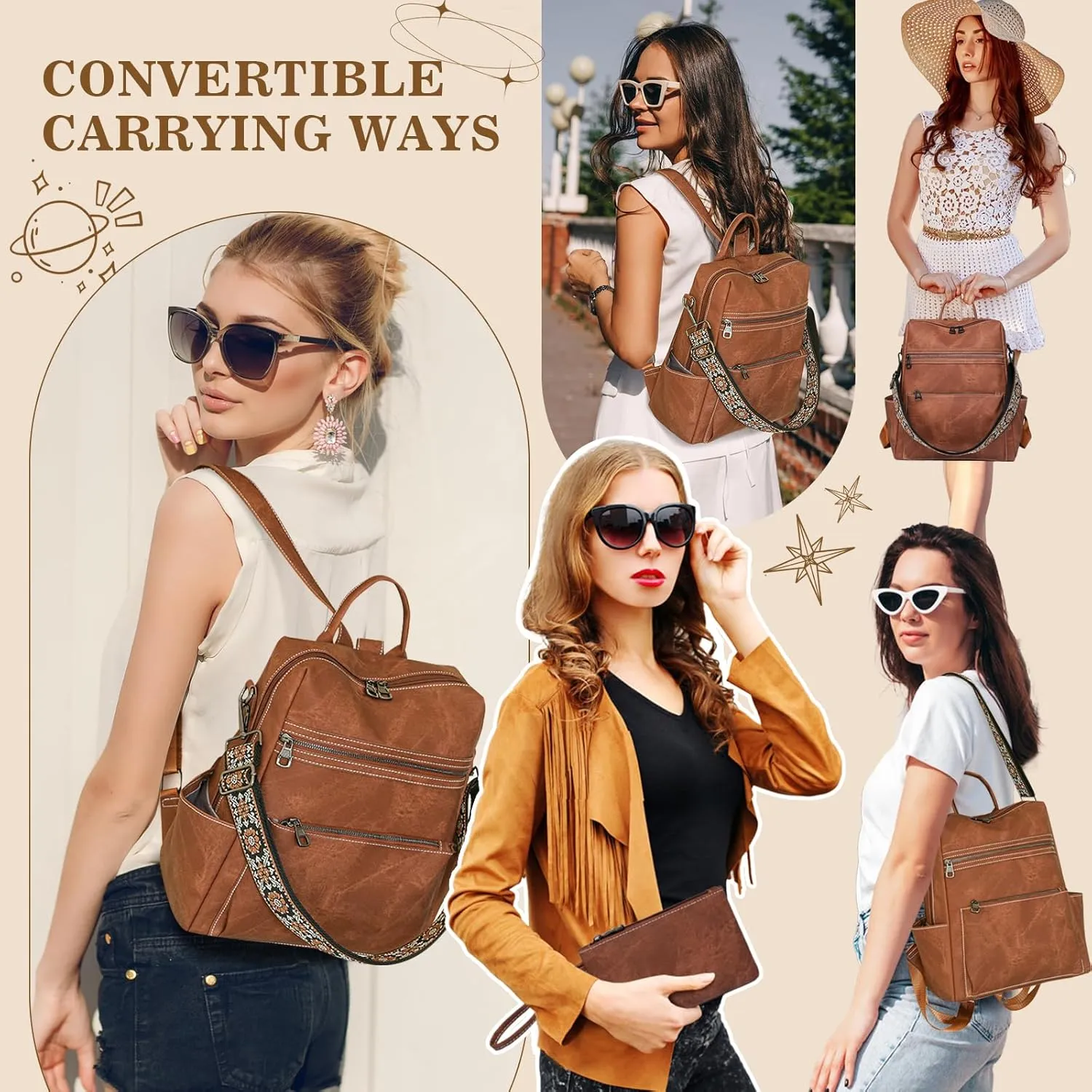 Backpack Purse for Women, PU Leather Backpack Purse, Waterproof Anti-Theft Women Back pack, Fashion Multi-Pocket Travel Backpack Shoulder Bag Handbag With Clutch, Brown