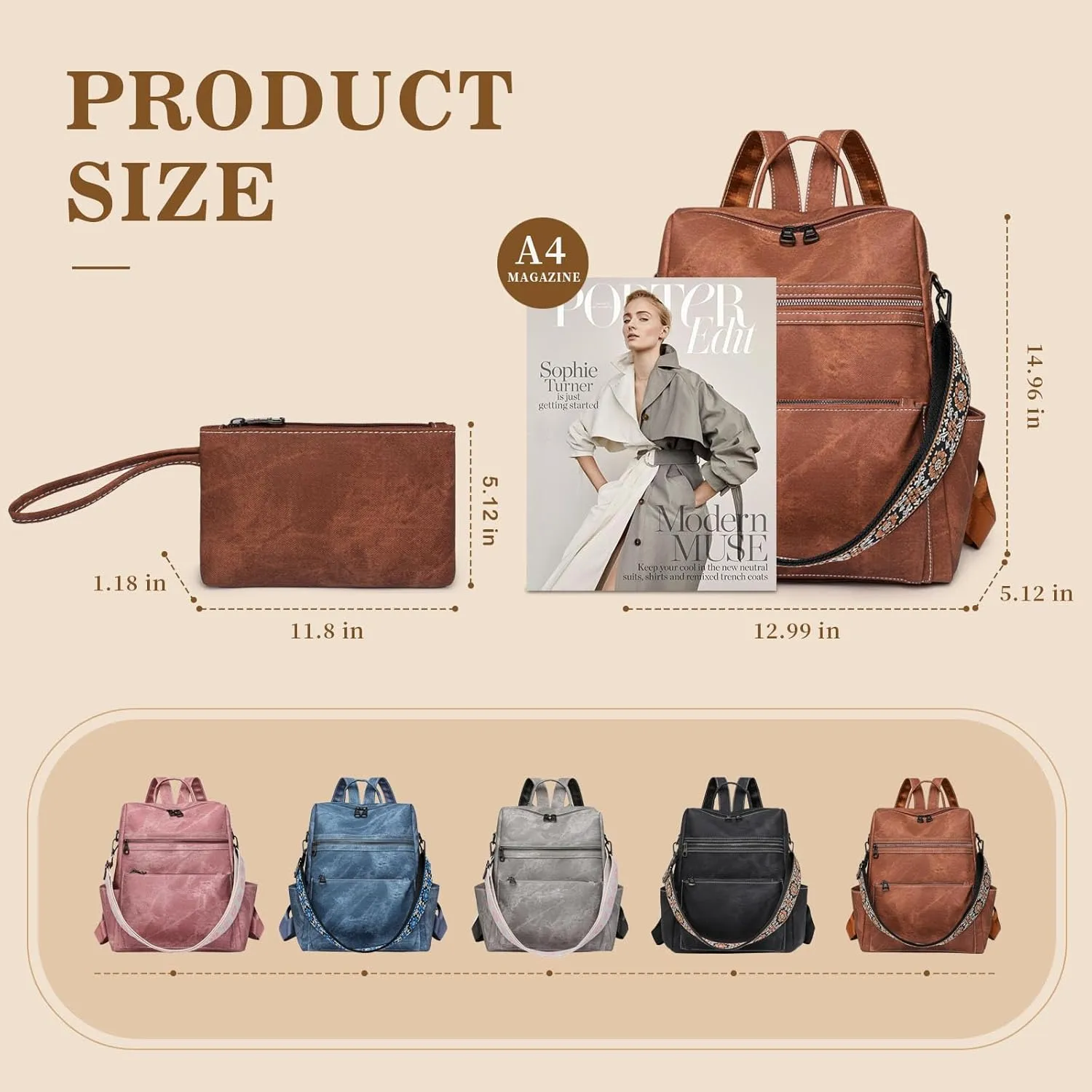 Backpack Purse for Women, PU Leather Backpack Purse, Waterproof Anti-Theft Women Back pack, Fashion Multi-Pocket Travel Backpack Shoulder Bag Handbag With Clutch, Brown