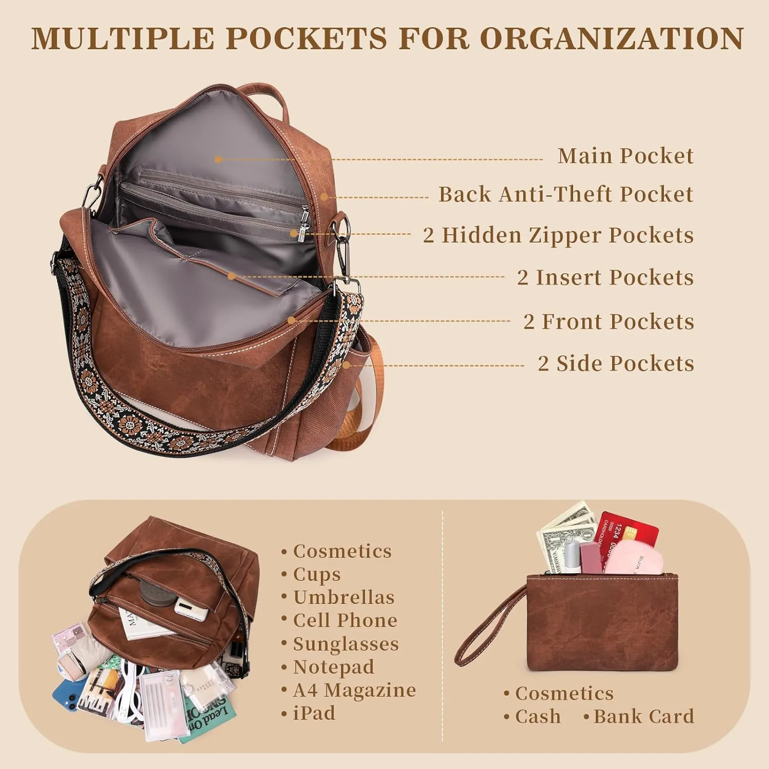 Backpack Purse for Women, PU Leather Backpack Purse, Waterproof Anti-Theft Women Back pack, Fashion Multi-Pocket Travel Backpack Shoulder Bag Handbag With Clutch, Brown