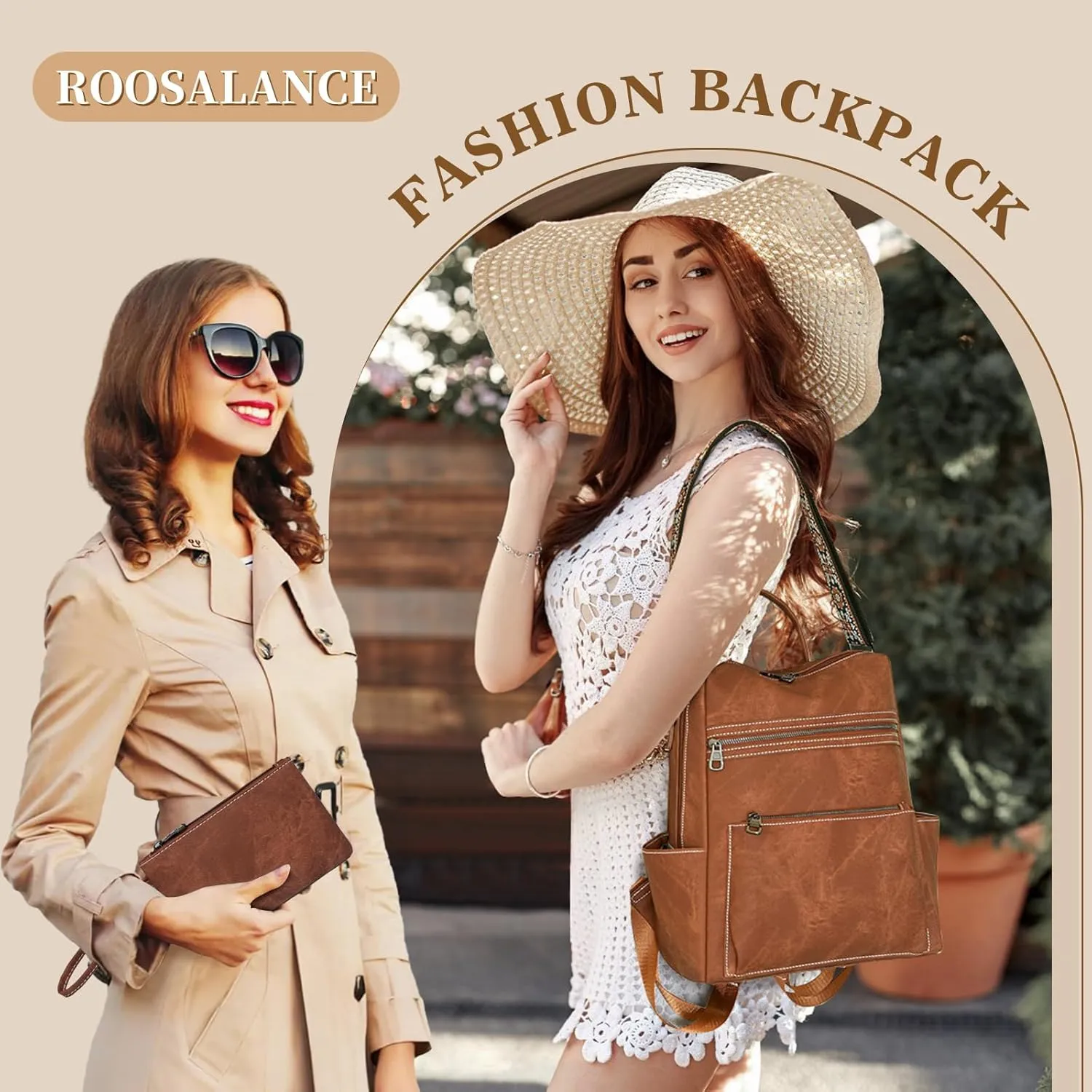 Backpack Purse for Women, PU Leather Backpack Purse, Waterproof Anti-Theft Women Back pack, Fashion Multi-Pocket Travel Backpack Shoulder Bag Handbag With Clutch, Brown