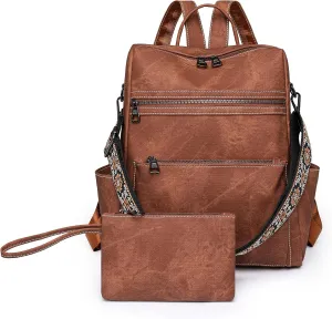 Backpack Purse for Women, PU Leather Backpack Purse, Waterproof Anti-Theft Women Back pack, Fashion Multi-Pocket Travel Backpack Shoulder Bag Handbag With Clutch, Brown