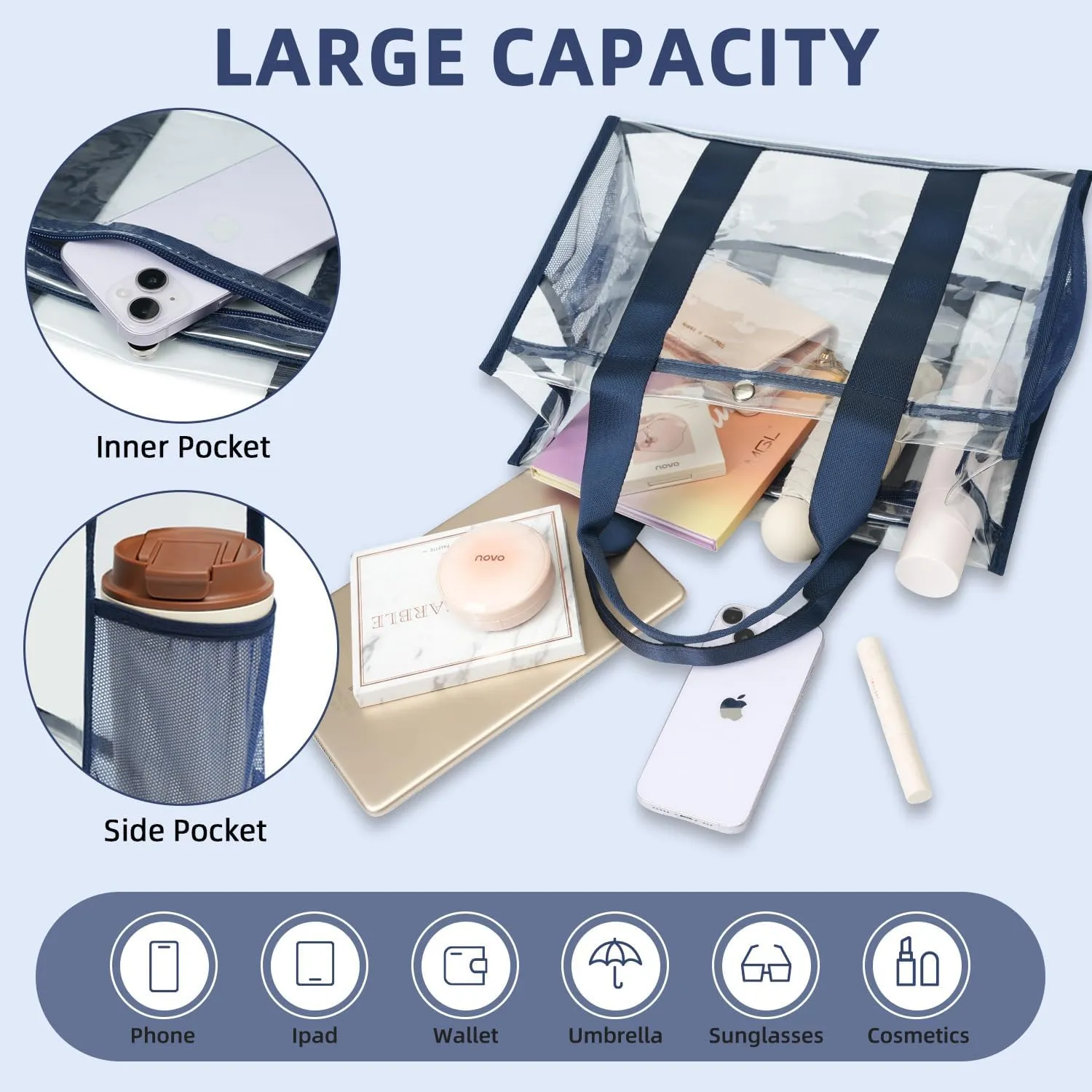 BAGAIL Clear Bag, Stadium Approved Clear Tote Bag with Inner Pocket, Transparent Travel Bag for Sports Event, Concert, Work
