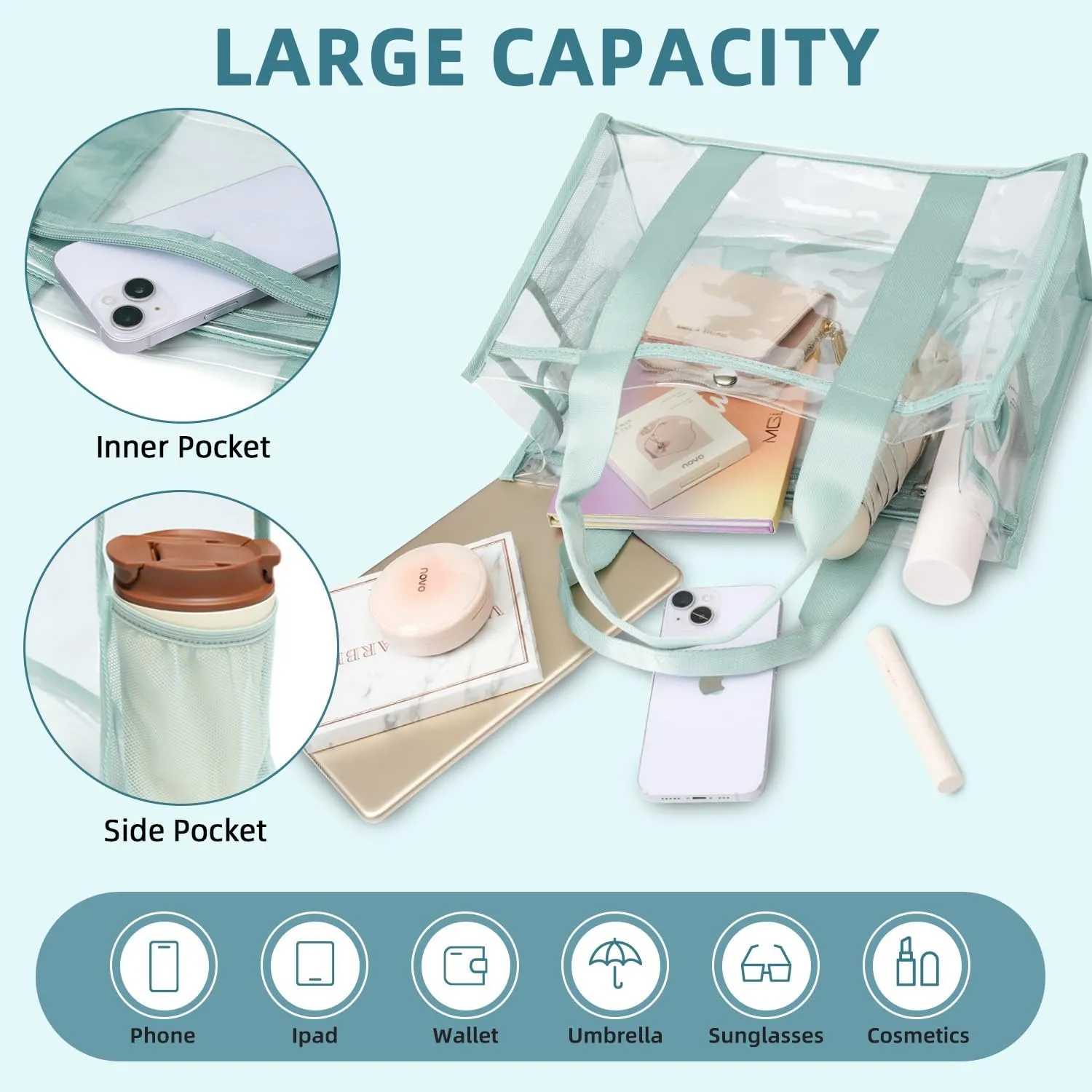 BAGAIL Clear Bag, Stadium Approved Clear Tote Bag with Inner Pocket, Transparent Travel Bag for Sports Event, Concert, Work