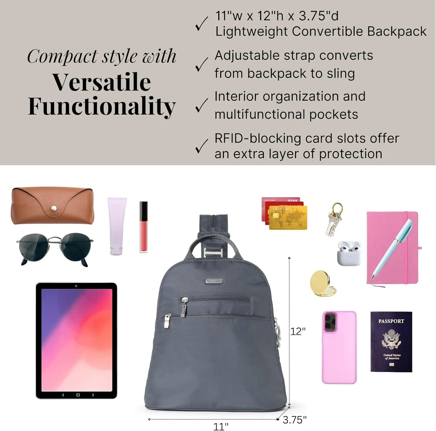 Baggallini Essential Mini Backpack Purse for Women - Built-in RFID Card Holder - Convertible Sling Bag with Adjustable Shoulder Strap, Charcoal Gray